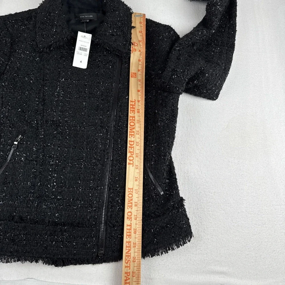 New! Ann Taylor Womens Black Tweed Sparkle Asymmetrical Zip Jacket Size 4